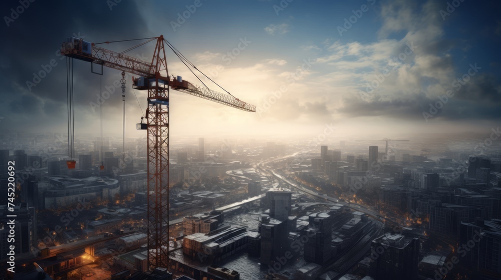 Generative AI A breathtaking aerial view of a skilled operator expertly maneuvering a high-altitude crane, surrounded by a sprawling urban landscape.