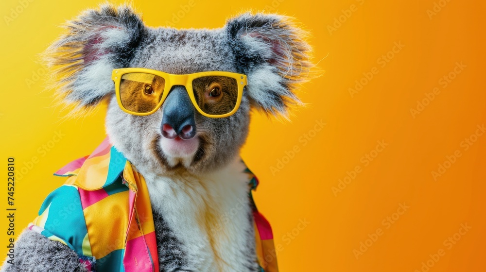 Creative animal concept. koala, vibrant bright fashionable outfits isolated on solid background 