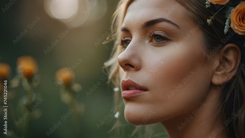 a close up of a woman with flowers in her hair. generated image