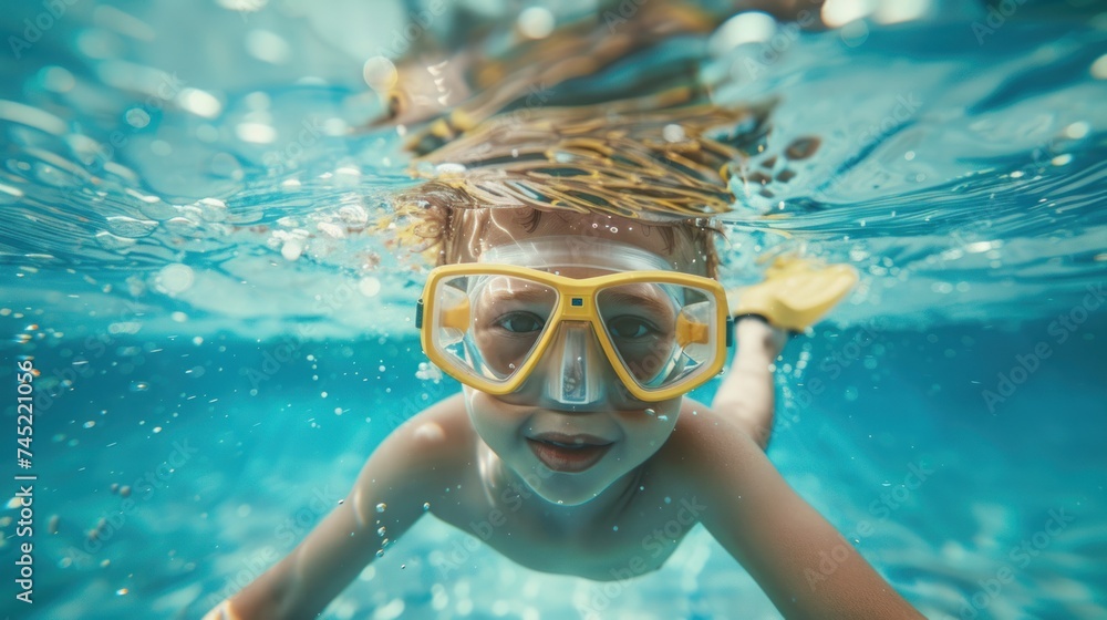 Fototapeta premium Cute child snorkeling in the swimming pool, underwater perspective, blue water in the swimming pool