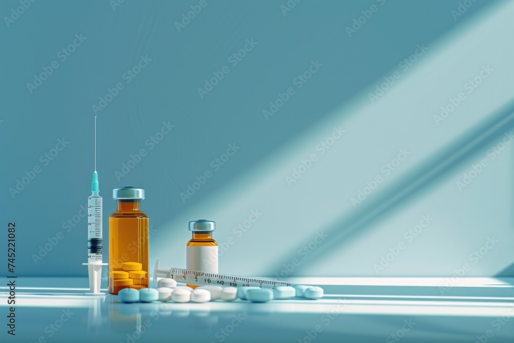 Medical arrangement featuring a syringe, an orange liquid medication bottle, and white pills on a clean, light blue background. Medical arrangement featuring a syringe, an orange liquid medication bottle, and white pills on a clean, light blue background.