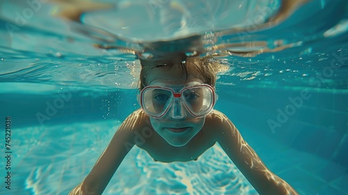 Cute child snorkeling in the swimming pool, underwater perspective, blue water in the swimming pool