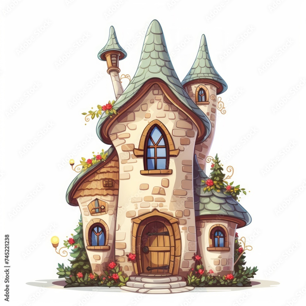 Generative AI A cozy fairytale dwelling featuring a quaint chimney and arched windows.