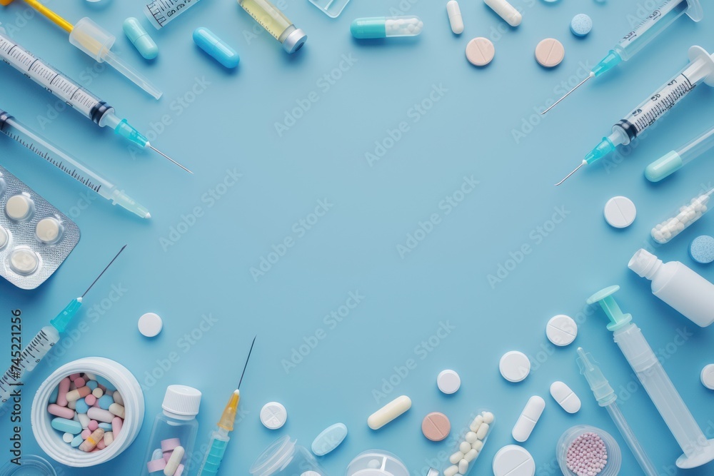 Comprehensive medical setup including syringes, various pills, and medical bottles neatly arranged on a soft blue background, depicting healthcare readiness.