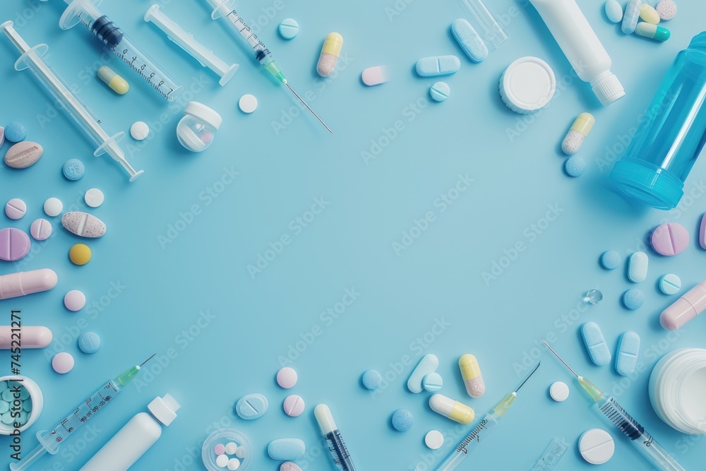 Fototapeta premium Comprehensive medical setup including syringes, various pills, and medical bottles neatly arranged on a soft blue background, depicting healthcare readiness.