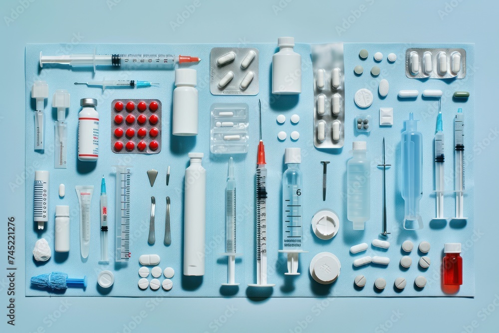 A comprehensive assortment of medical supplies and medications neatly organized on a pastel blue background, illustrating healthcare and medical treatment. A comprehensive assortment of medical supplies and medications neatly organized on a pastel blue background, illustrating healthcare and medical treatment.