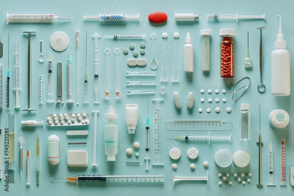 A comprehensive assortment of medical supplies and medications neatly organized on a pastel blue background, illustrating healthcare and medical treatment.