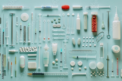 A comprehensive assortment of medical supplies and medications neatly organized on a pastel blue background, illustrating healthcare and medical treatment.