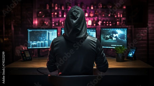 A hacker with hood working on a computer at a desk