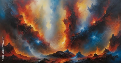 Canvastavla A celestial firestorm rages across the canvas, a fusion of warm and cool tones that ignites the imagination