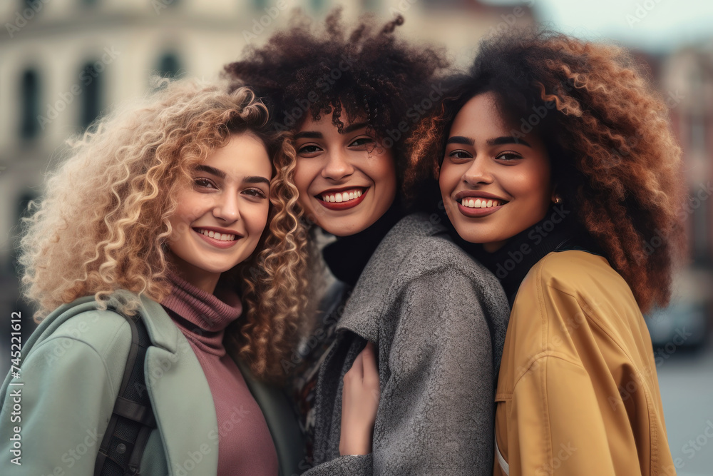 Three joyful women sharing a connected moment, radiant smiles Three joyful women sharing a connected moment, radiant smiles
