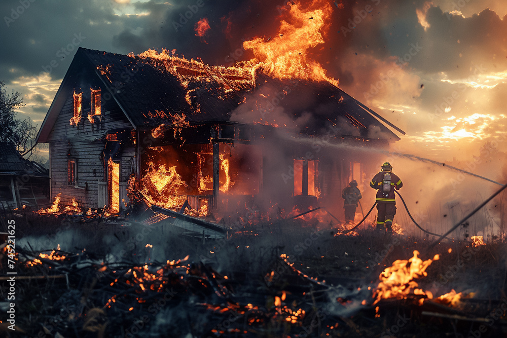 Firefighters work to extinguish burning house, nighttime fire suppression, rescue operation. Firefighters work to extinguish burning house, nighttime fire suppression, rescue operation.