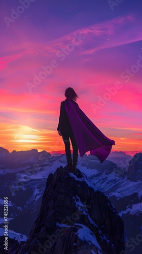 woman in long cape standing at mountain looking at Mountain landscape