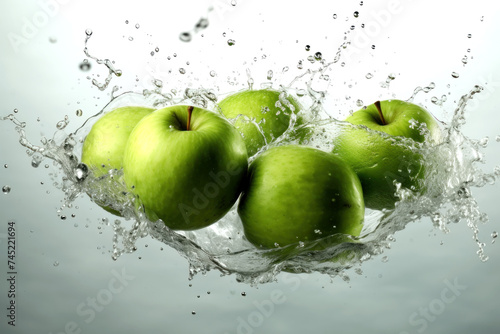 Fresh green apples caught in a splash, showcasing their vibrant color