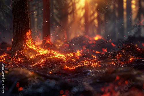 Bushfire in the woods, burning trees, night blaze, climate emergency.