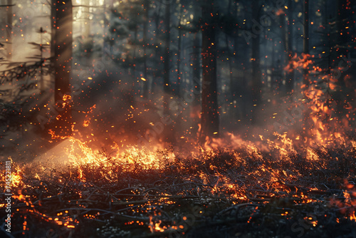 Burning forest, wildfire hazard, flames engulfing the woods at night