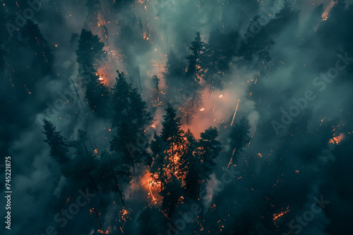 Burning forest, night blaze, trees ablaze, wildfire hazard.