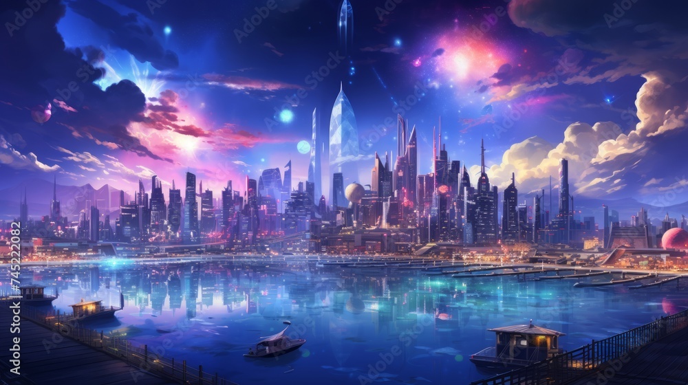 Generative AI A digital painting of a city skyline filled with holographic projections, advanced AI systems, and sustainable infrastructure set against a vibrant atmosphere.