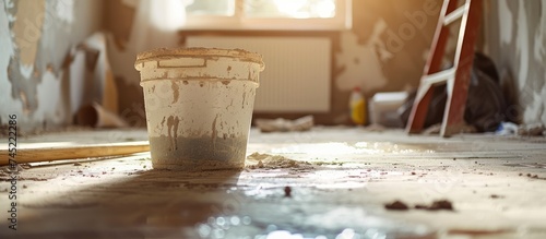 A cup is seen sitting on the floor, next to a water-filled bucket. The cup appears to be empty and is positioned near a DIY house repair project involving mortar preparation.