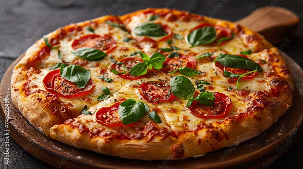 Food Californiastyle pizza with tomato, basil on wooden board