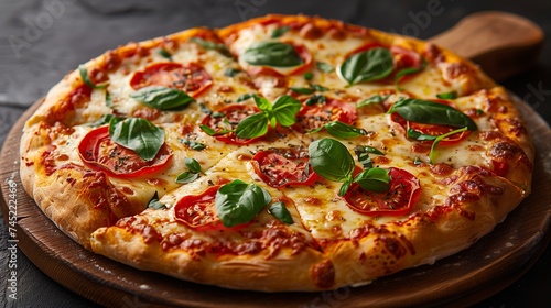 Food Californiastyle pizza with tomato, basil on wooden board