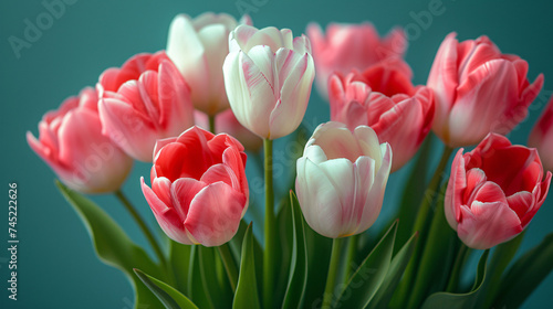 Mother s Day concept. Top view photo of bouquet of white and pink tulips on isolated pastel blue background with copyspace