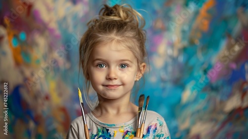 Little artist holding paintbrushes vibrant backdrop copyspace for creativity and expression
