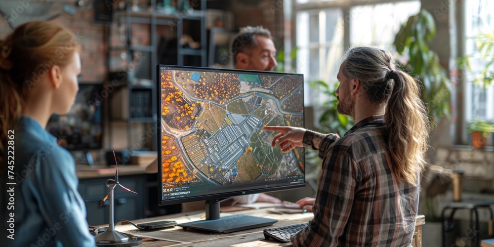 Professional team looking at a large monitor on a table, office environment, one person pointing at the screen, on the screen - solar energy project, on the table - a small model of a wind turbine,