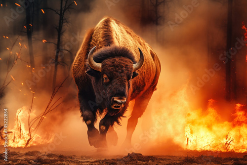 A bison stands in front of a raging fire in the woods, appearing determined and alert as it confronts the dangerous situation