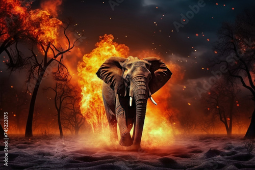 A massive elephant stands tall in front of a raging fire-filled forest