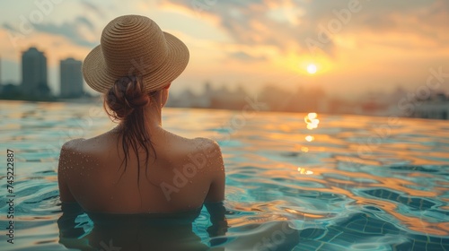 beautiful woman in hat watching the beautiful scenic sunset at the edge of the infinity pool with cityscape