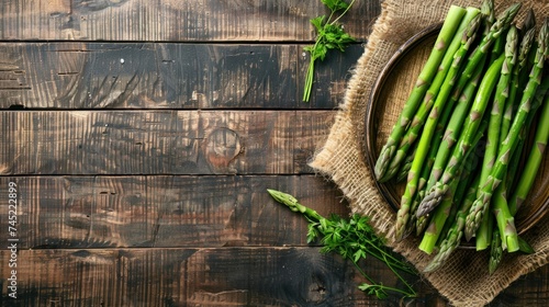 Green asparagus preparation with wooden cooking , rustic background, top view, border. wight style