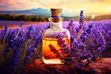 glass bottle nestled among lavender blooms