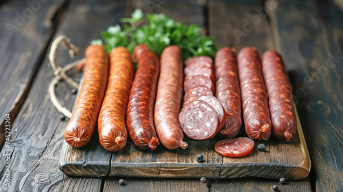 Assorted Smoked Sausages Hanging From Farm Cellar Line