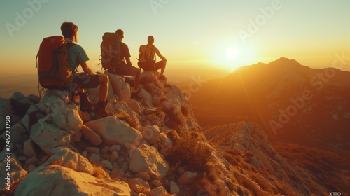 friends are hiking together to the highest of mountain with teamwork 