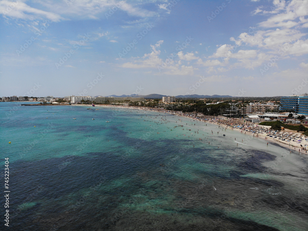Aerial view of Cala Sa Coma beach in Mallorca Islands, Spain	