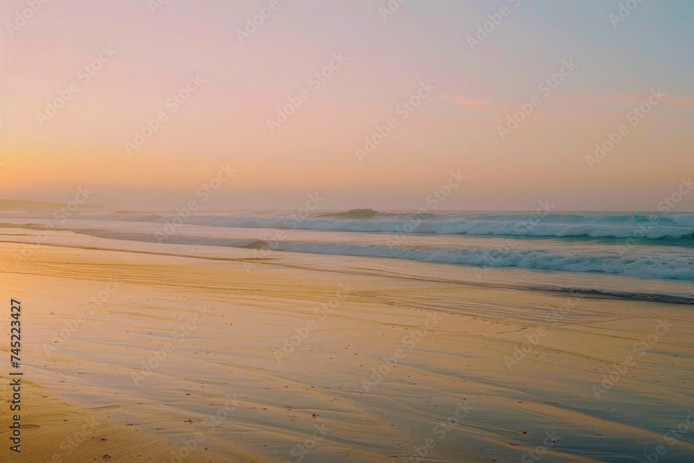 A tranquil beach scene at sunset