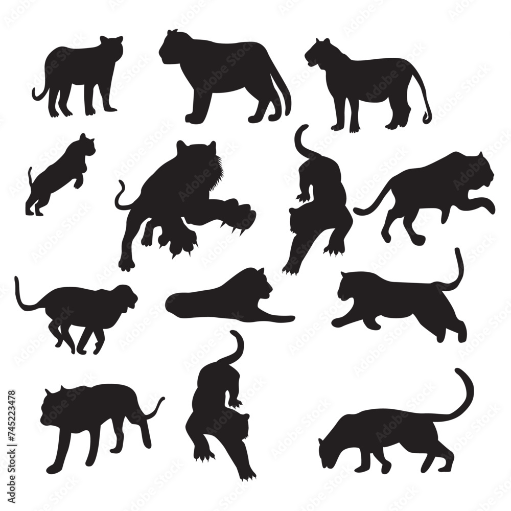 set of tiger animal. Tiger silhouettes set isolated on white background vector. Tiger with different poses like jumping,sitting.