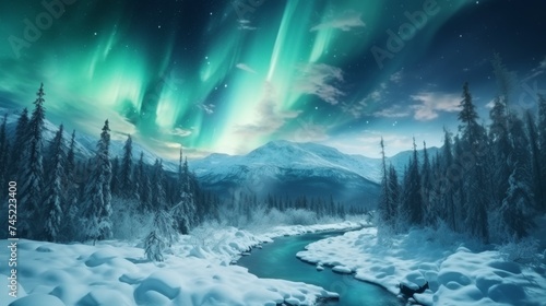 Amazing view of northern lights over snowy mountains and trees in sky © Media Srock