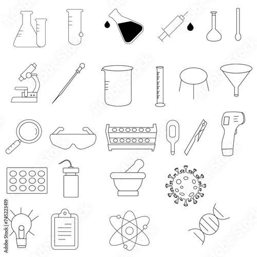 Icon Set Of Chemistry.Chemical research line icon set. Chemist, beaker, experiment,temperature control,glasses, funnel, mortar and pestle, virus . Science concept : biology, lab tests, chemistry.