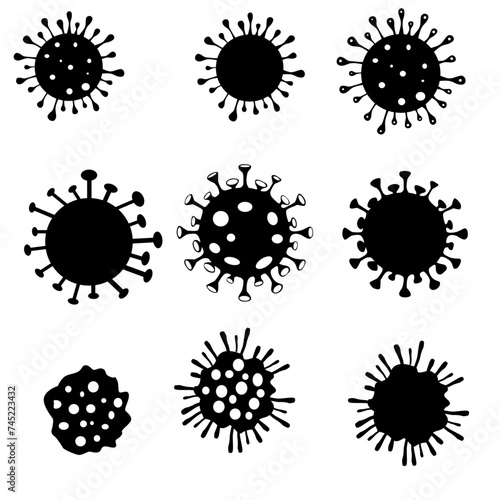 Set of virus silhouettes. Coronavirus icon sign collection. Stock vector collection set, black and white, isolated on white background. Virus infections epidemic on white background. Vector healthcare