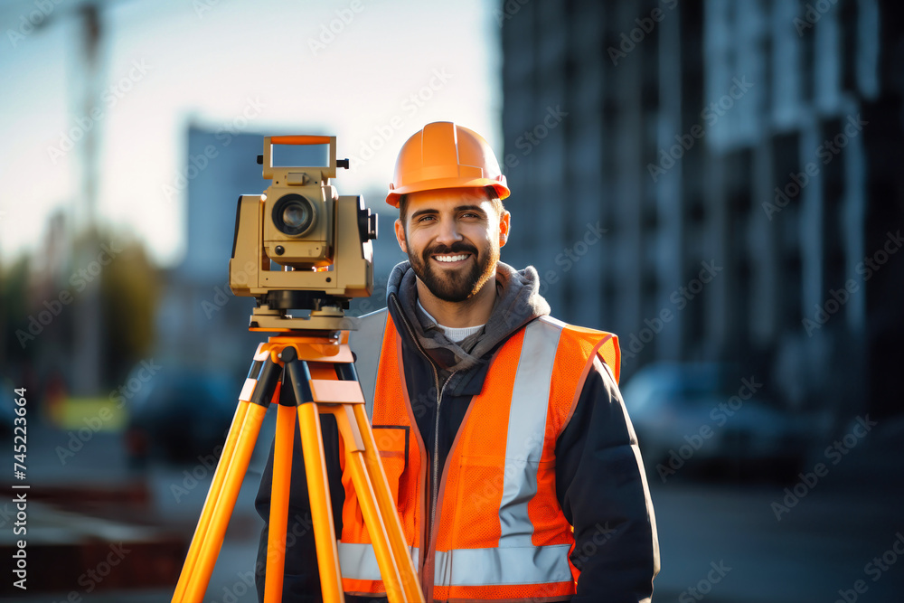 A man in an orange safety vest stands next to a tripod, likely a construction engineer conducting surveys or measurements A man in an orange safety vest stands next to a tripod, likely a construction engineer conducting surveys or measurements