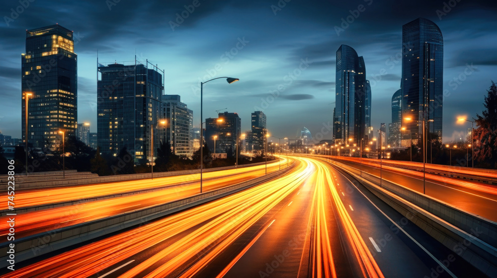 Highway With Bright Lights, Night Route With Blurred Car Lights - Long Exposure Photography