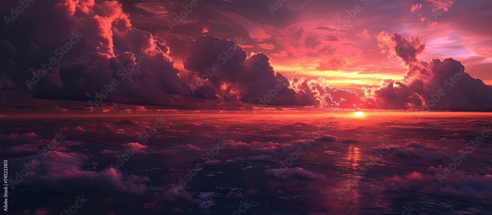 The sun is setting over the ocean, casting a warm glow over the water. Wispy clouds fill the sky, adding texture to the scene. The dark ocean floor contrasts with the colorful sky, creating a stunning