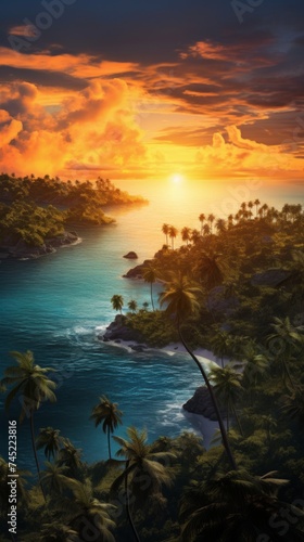 Generative AI A panoramic aerial view displaying tropical islands enveloped in the warm colors of a vibrant sunset  with palm trees swaying gently against the backdrop of the evening sky.