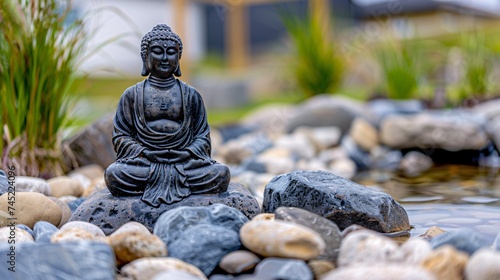 Zen garden Buddha statue nestled among smooth stones and flowing water exuding tranquility and mindfulness in a serene setting