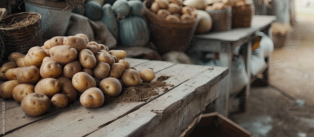 A cluster of potatoes stacked on a solid wooden table, creating a rustic and simple scene. The potatoes are varied in size and shape, adding texture to the composition. A cluster of potatoes stacked on a solid wooden table, creating a rustic and simple scene. The potatoes are varied in size and shape, adding texture to the composition.
