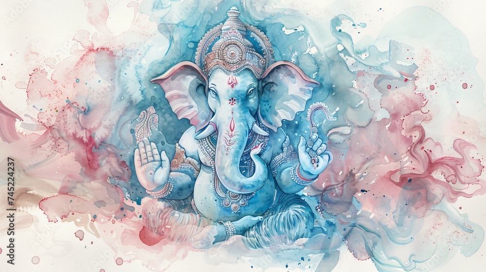 Watercolor Ganesha soft and ethereal blending dreamy hues of blue and pink capturing the deitys wisdom in a tranquil palette