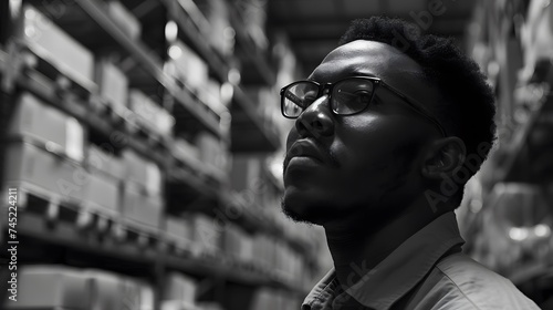 black and white photo of a Dedicated Young Worker in Warehouse