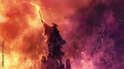 Wizard with a scepter standing atop a tower casting spells digital art style with a panoramic magical vista photo